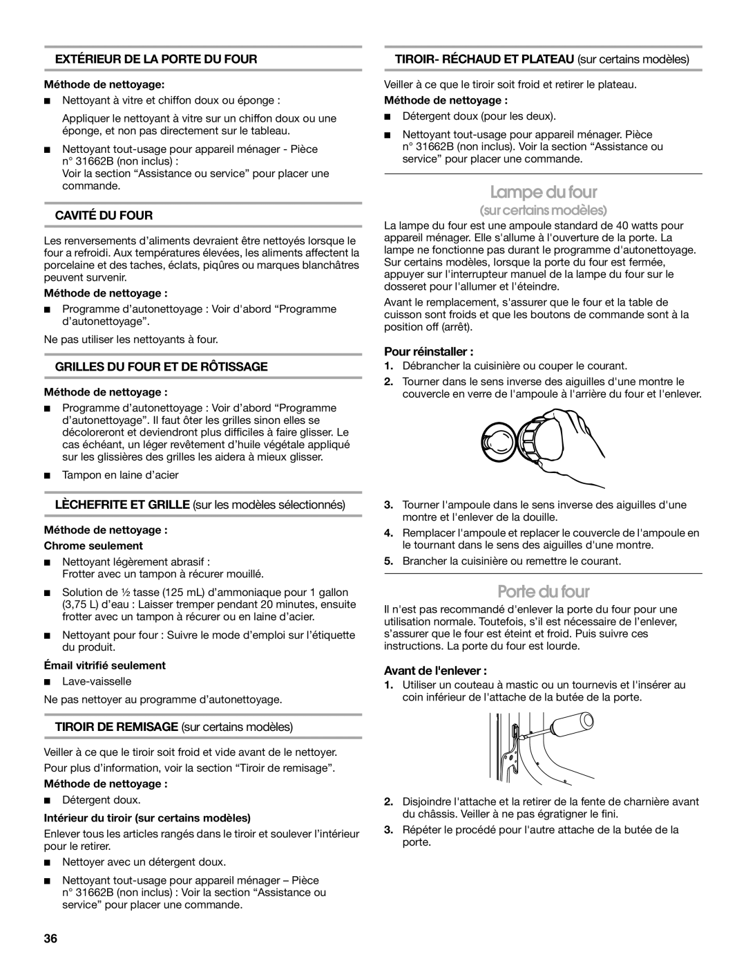 Whirlpool YIES366RS1 manual Lampe du four, Porte du four, Extérieur DE LA Porte DU Four, Cavité DU Four 