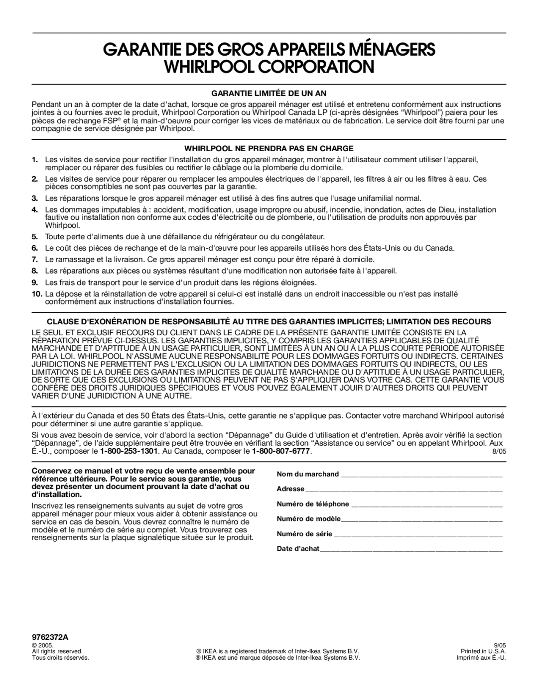 Whirlpool YIES366RS1 manual Garantie DES Gros Appareils Ménagers Whirlpool Corporation, Garantie Limitée DE UN AN, 9762372A 