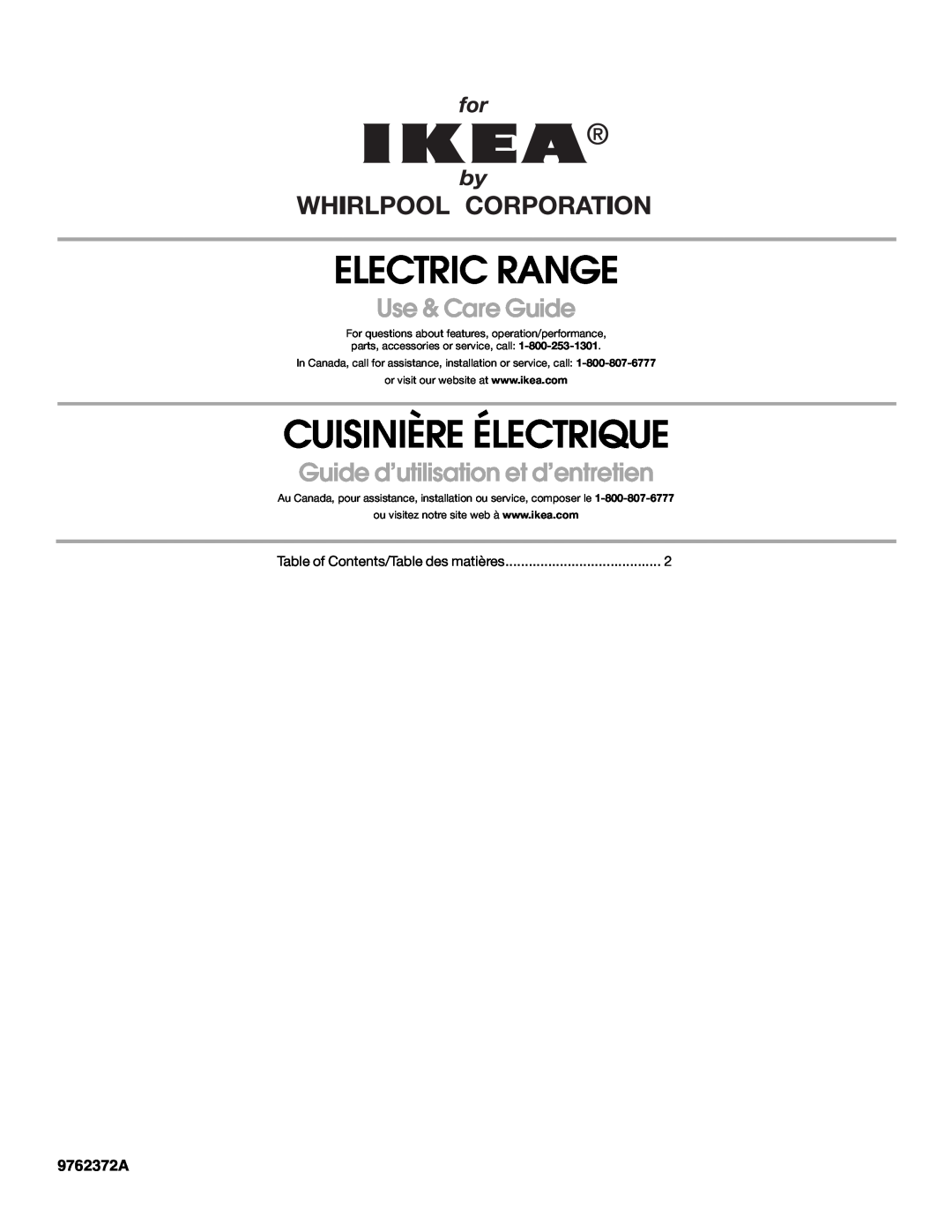 Whirlpool YIES366RS1 manual 9762372A, Electric Range, Cuisinière Électrique, Use & Care Guide 