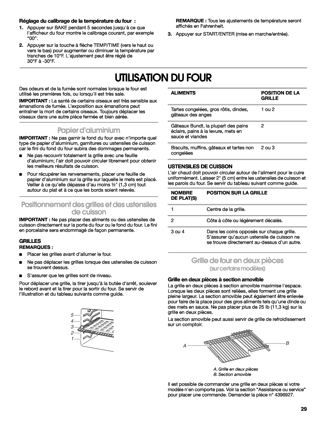 Whirlpool YIES366RS1 manual Utilisation Du Four, Papier d’aluminium, de cuisson, Grille de four en deux pièces, Grilles 