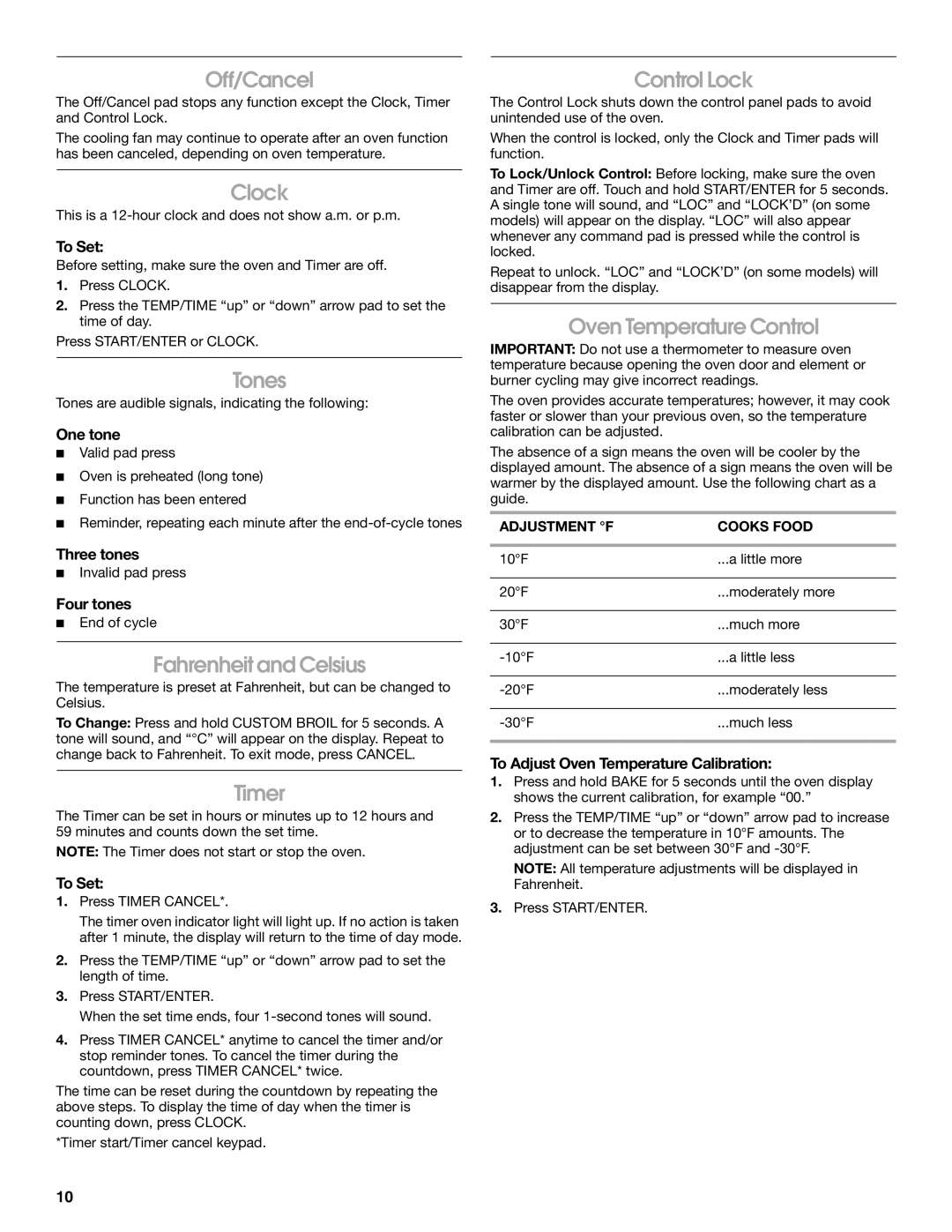 Whirlpool YIES366RS2 manual Off/Cancel, Clock, Tones, Fahrenheit and Celsius, Timer, Control Lock, Oven Temperature Control 