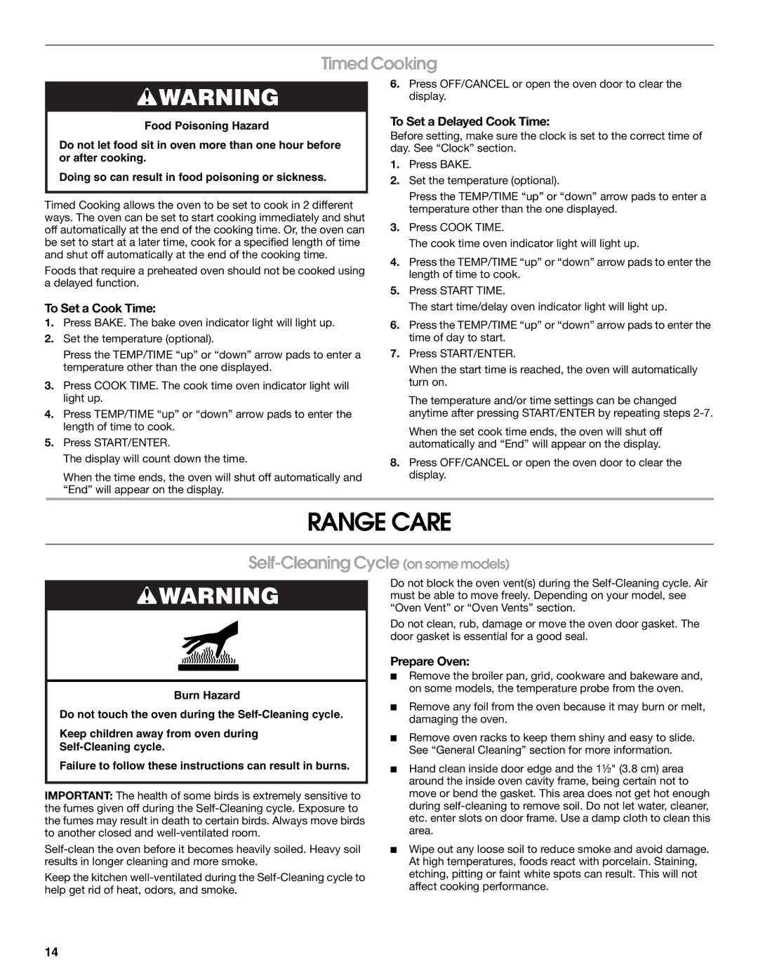 Whirlpool YIES366RS2 manual Range Care, Timed Cooking, Self-Cleaning Cycle on some models 