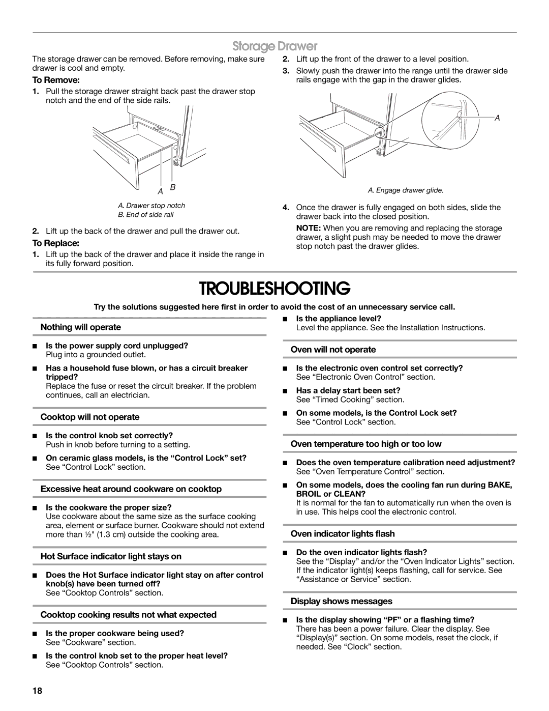 Whirlpool YIES366RS2 manual Troubleshooting, Storage Drawer 