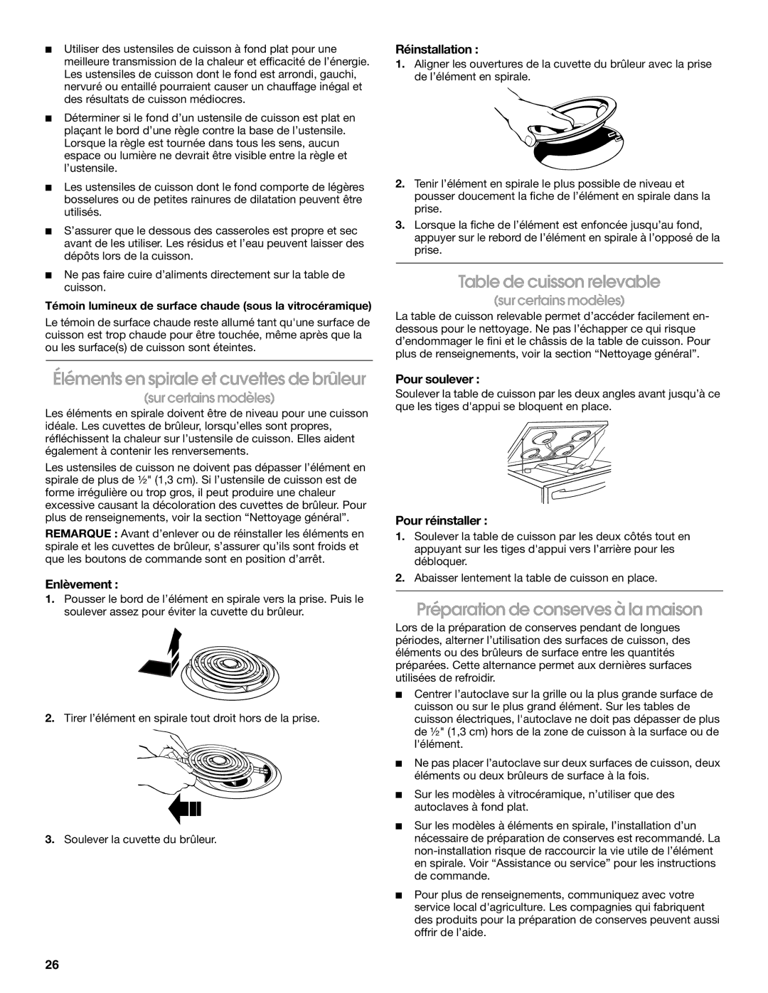 Whirlpool YIES366RS2 manual Éléments en spirale et cuvettes de brûleur, Table de cuisson relevable 