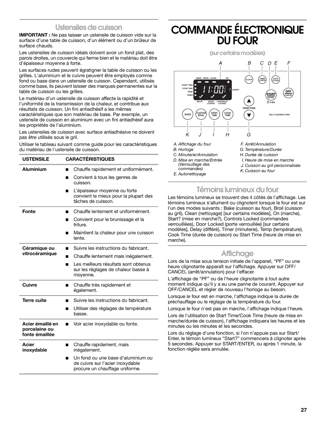 Whirlpool YIES366RS2 manual Commande Électronique DU Four, Ustensiles de cuisson, Témoins lumineux du four, Affichage 