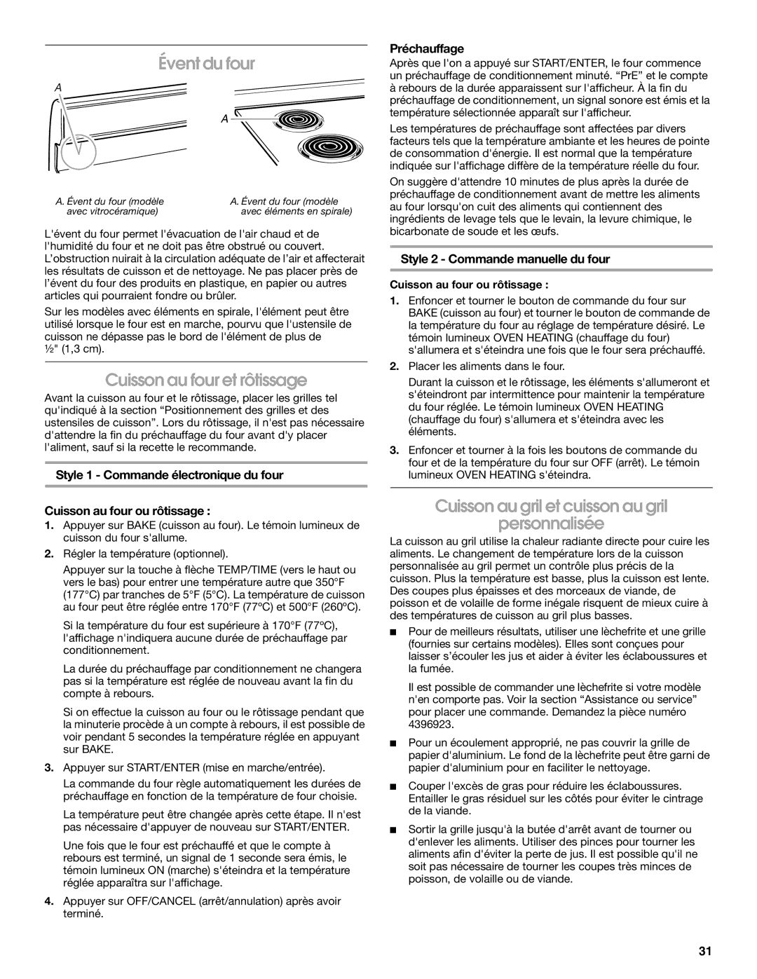 Whirlpool YIES366RS2 manual Évent du four, Cuisson au four et rôtissage, Cuisson au gril et cuisson au gril Personnalisée 