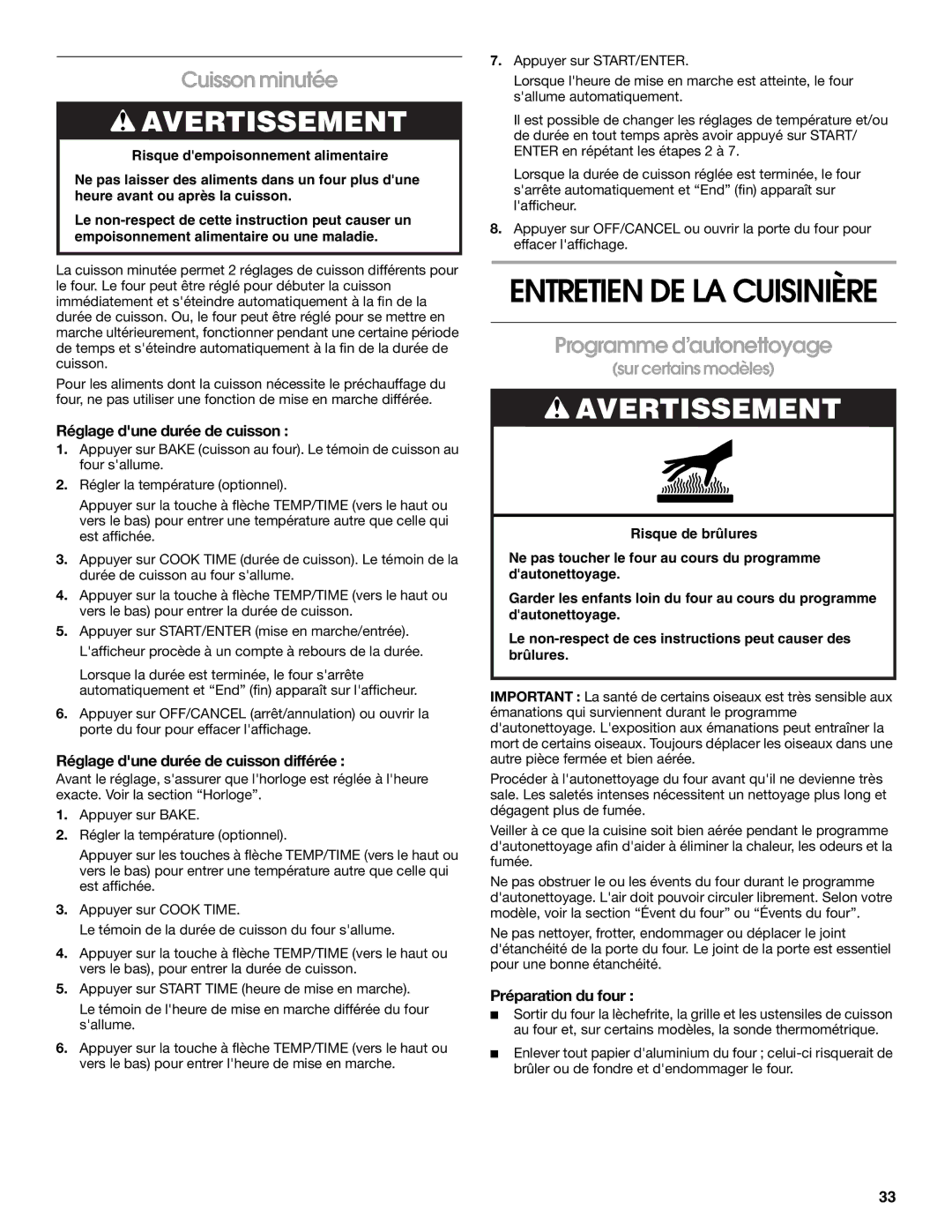 Whirlpool YIES366RS2 manual Cuisson minutée, Programme d’autonettoyage, Réglage dune durée de cuisson, Préparation du four 