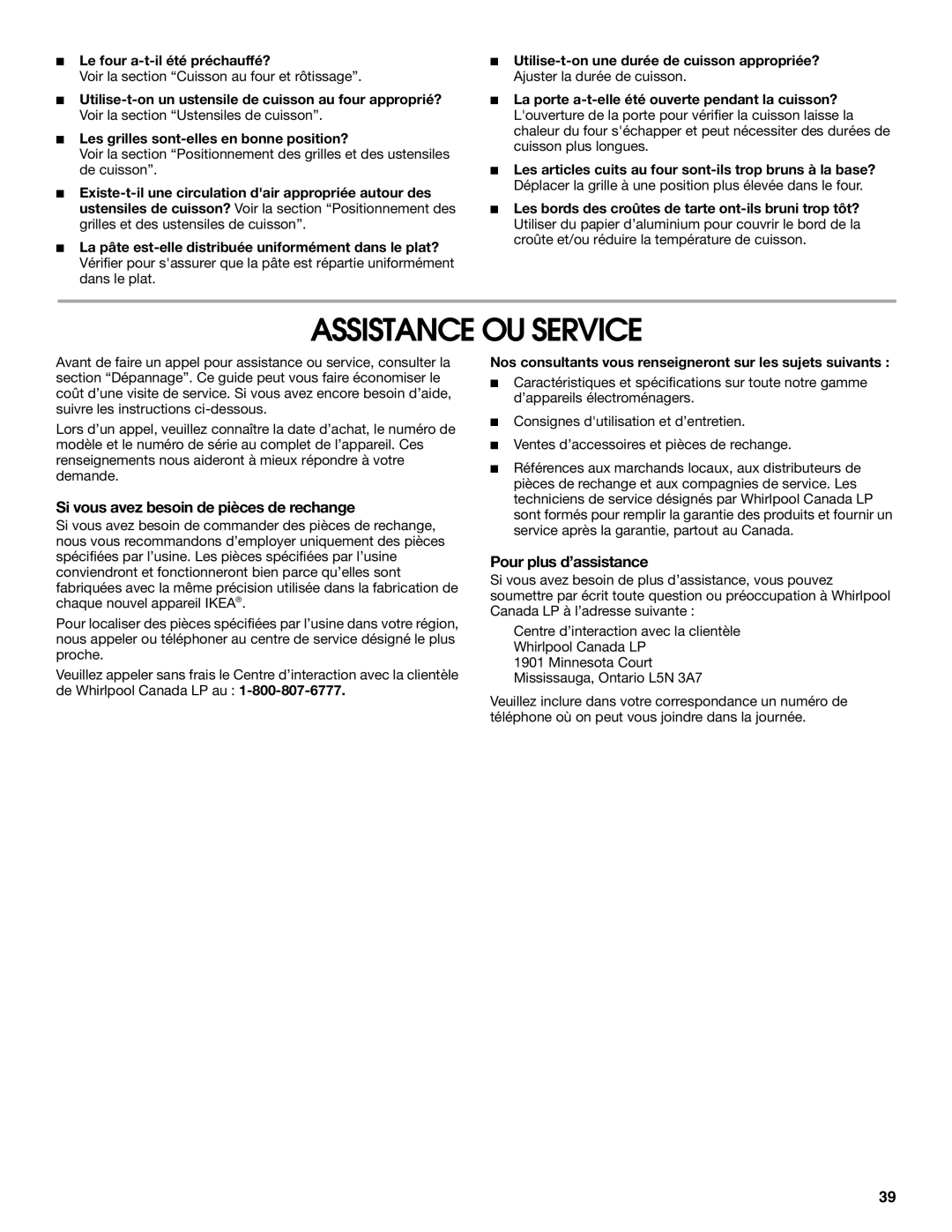 Whirlpool YIES366RS2 manual Assistance OU Service, Si vous avez besoin de pièces de rechange, Pour plus d’assistance 