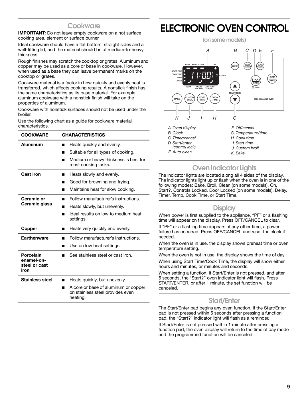 Whirlpool YIES366RS2 manual Oven Indicator Lights, Display, Start/Enter, Cookware Characteristics 