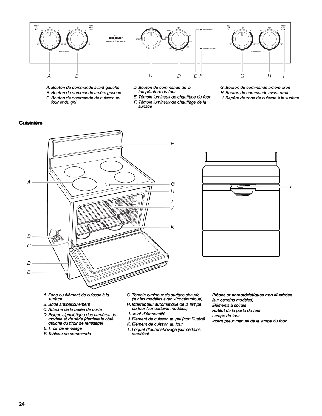 Whirlpool YIES366RS2 manual Cuisinière, I J K B C D E, Pièces et caractéristiques non illustrées 