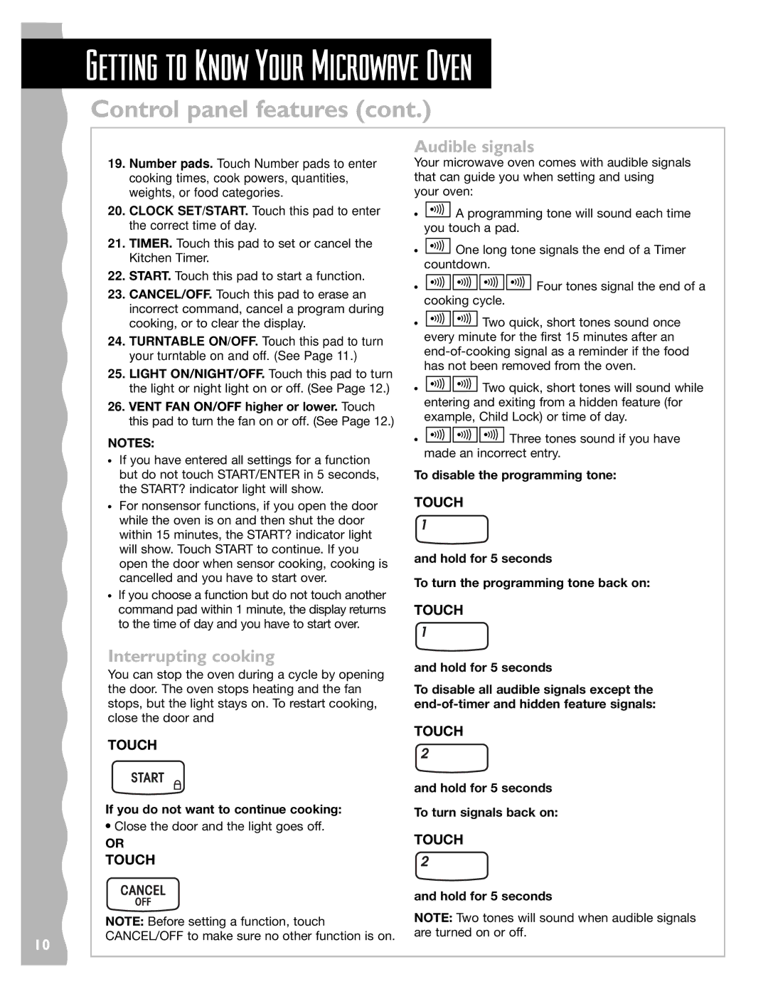 Whirlpool YKHMS145J warranty Interrupting cooking, Audible signals 