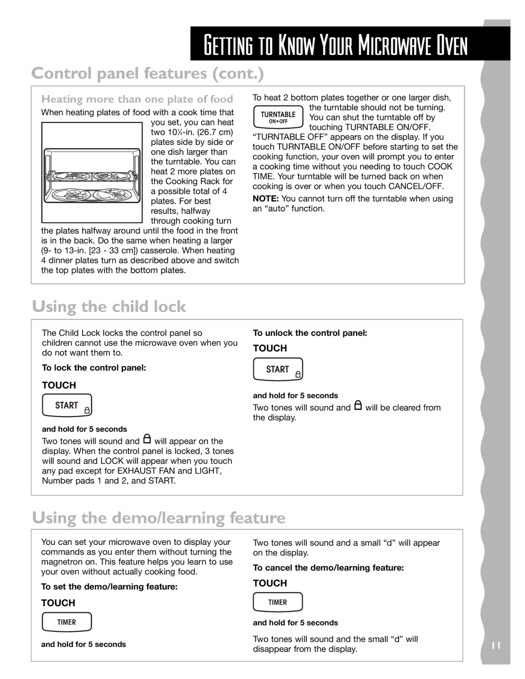 Whirlpool YKHMS145J To lock the control panel, To set the demo/learning feature, To cancel the demo/learning feature 