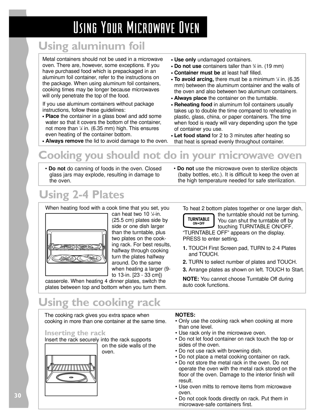 Whirlpool YKHMS145J warranty Using aluminum foil, Cooking you should not do in your microwave oven, Using 2-4 Plates 