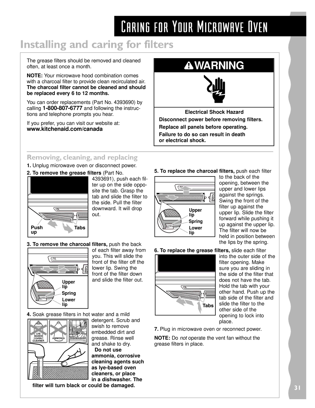 Whirlpool YKHMS145J warranty Caring for Your Microwave Oven 