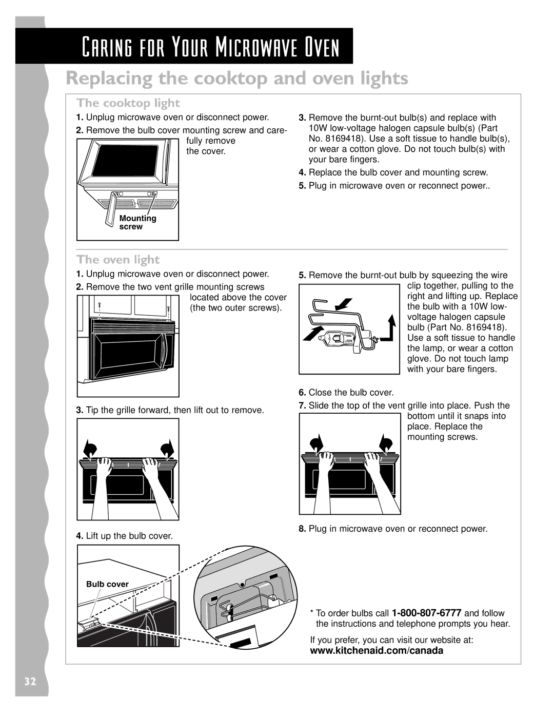 Whirlpool YKHMS145J Caring for Your Microwave Oven, Replacing the cooktop and oven lights, Cooktop light, Oven light 