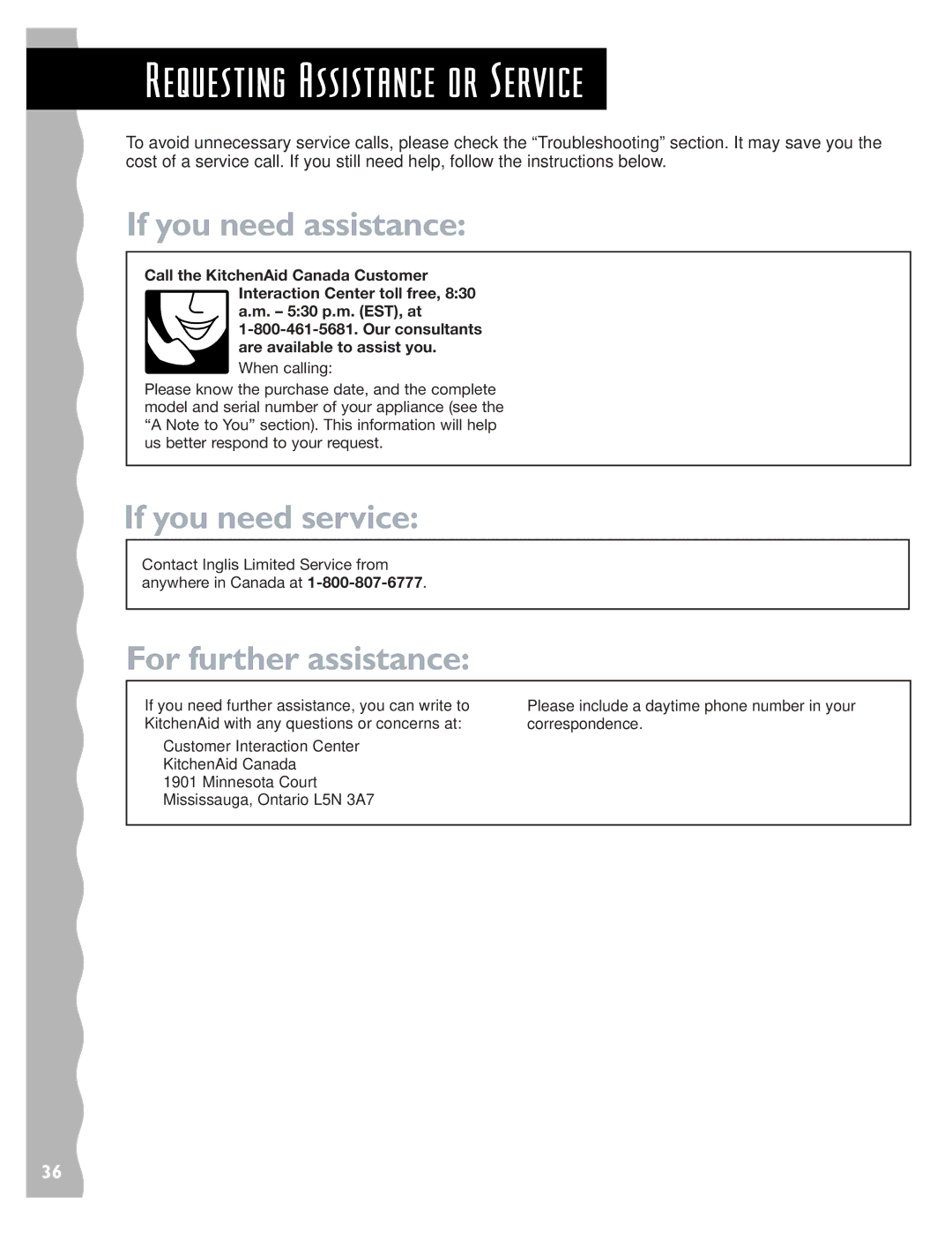 Whirlpool YKHMS145J warranty Requesting Assistance or Service, If you need assistance 