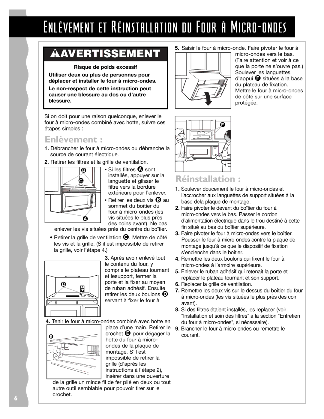 Whirlpool YKHMS145J warranty EnléŽvement et RƒŽinstallation du Four Ëˆ Micro-ondes 