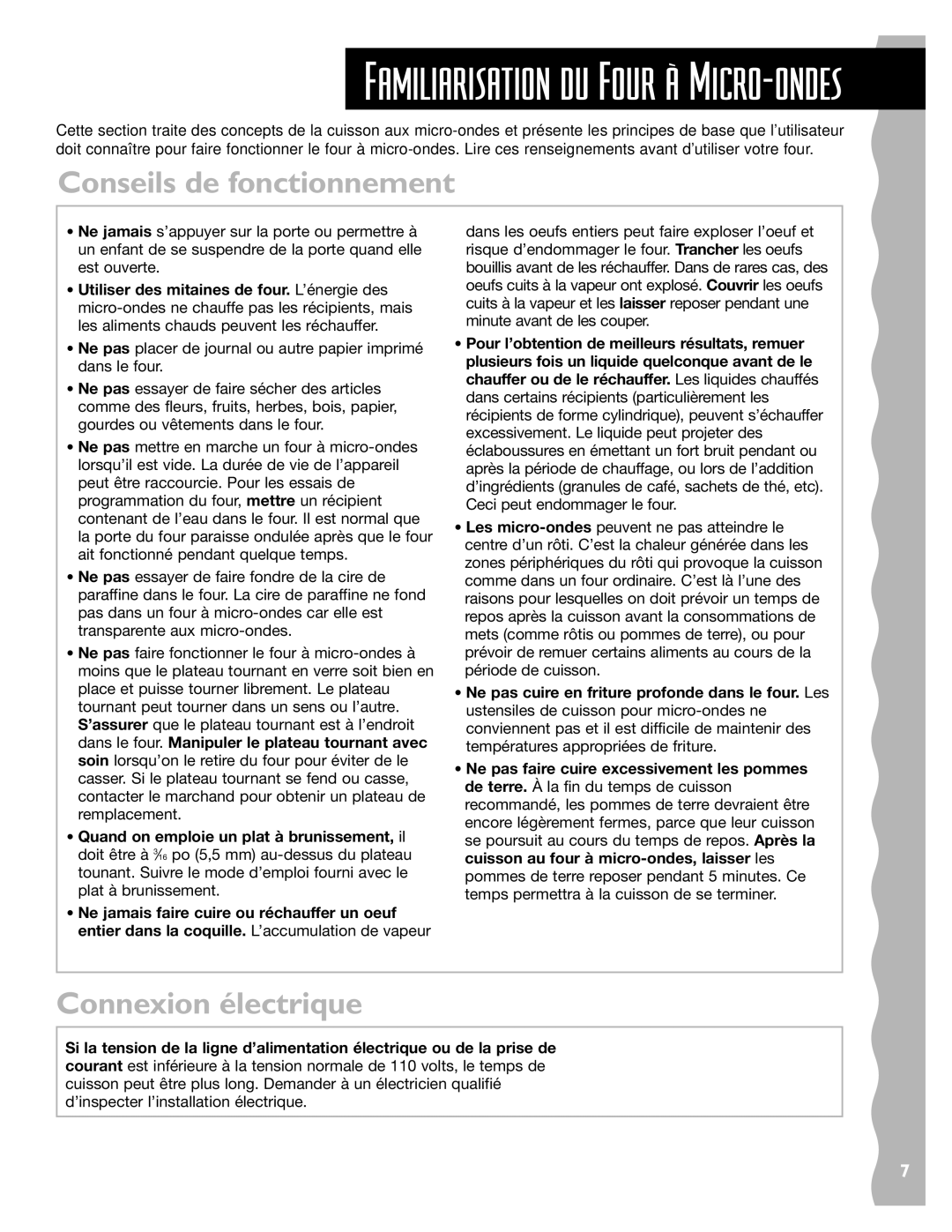 Whirlpool YKHMS145J warranty Conseils de fonctionnement, Connexion électrique 