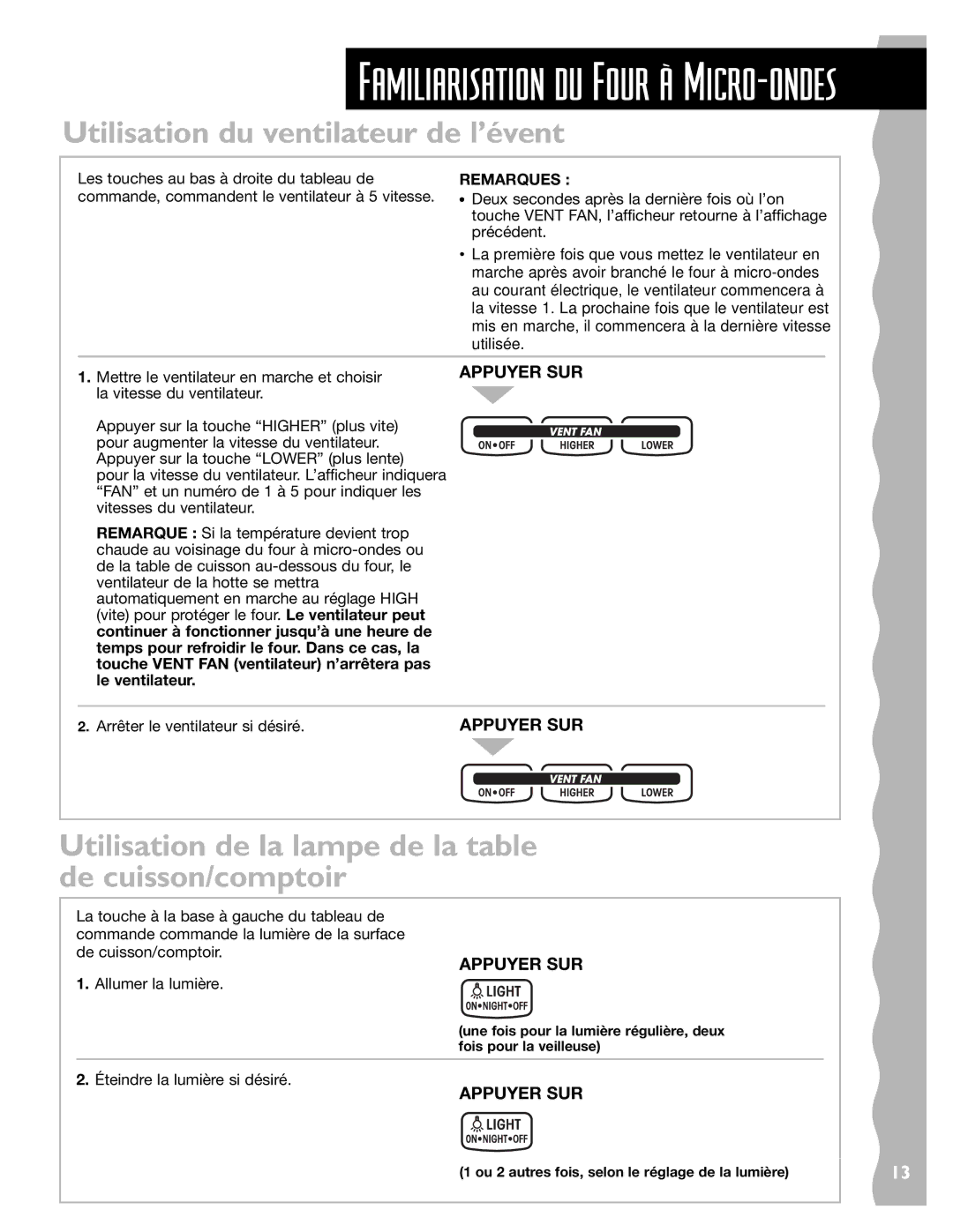 Whirlpool YKHMS145J warranty Utilisation du ventilateur de l’évent, Utilisation de la lampe de la table de cuisson/comptoir 