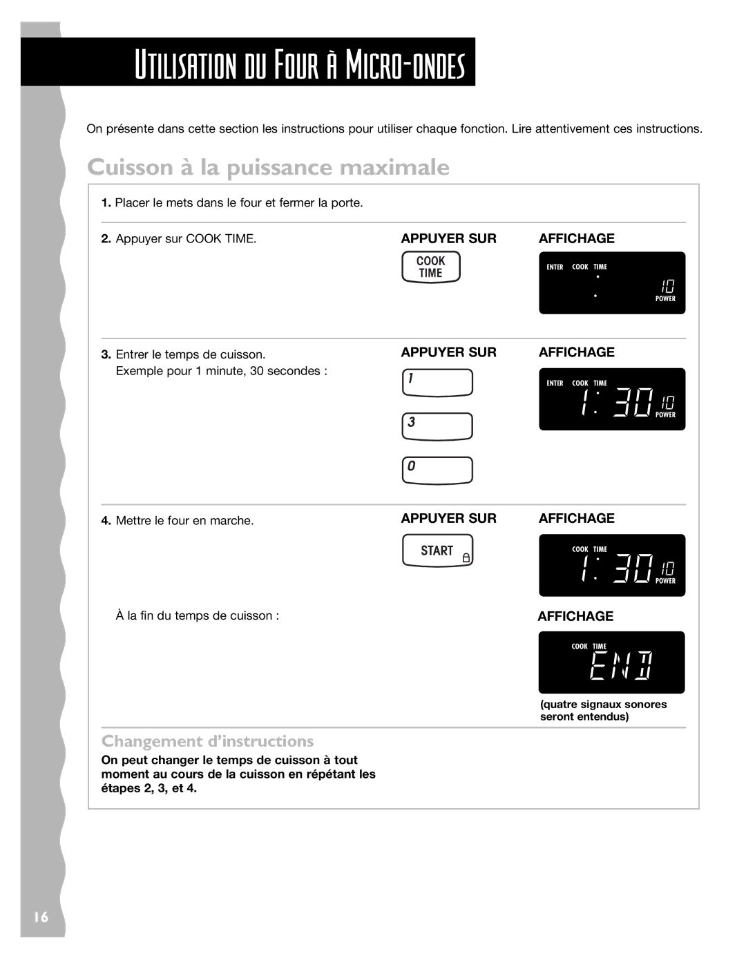 Whirlpool YKHMS145J warranty Utilisation du Four ˆË Micro-ondes, Cuisson à la puissance maximale, Changement d’instructions 