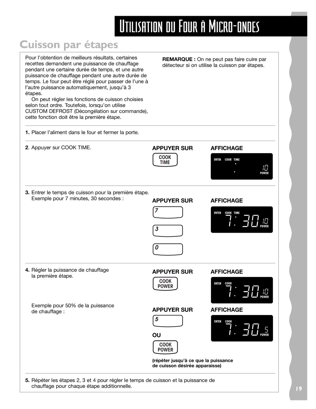 Whirlpool YKHMS145J warranty Cuisson par étapes, Appuyer SUR 