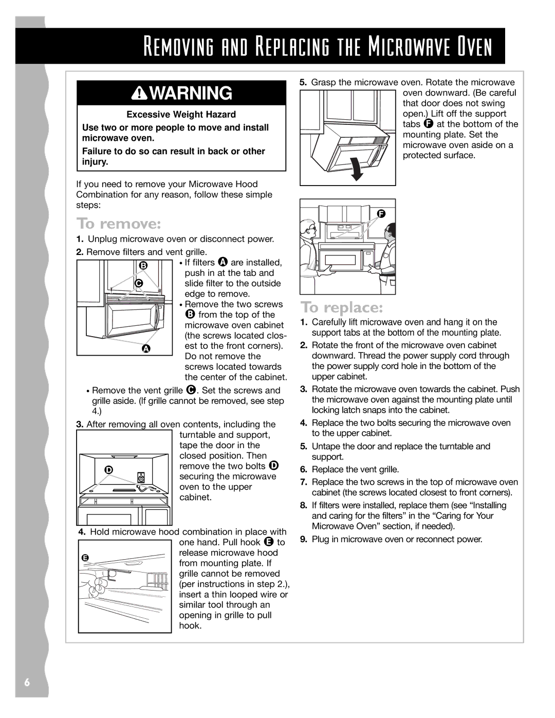 Whirlpool YKHMS145J warranty Removing and Replacing the Microwave Oven 