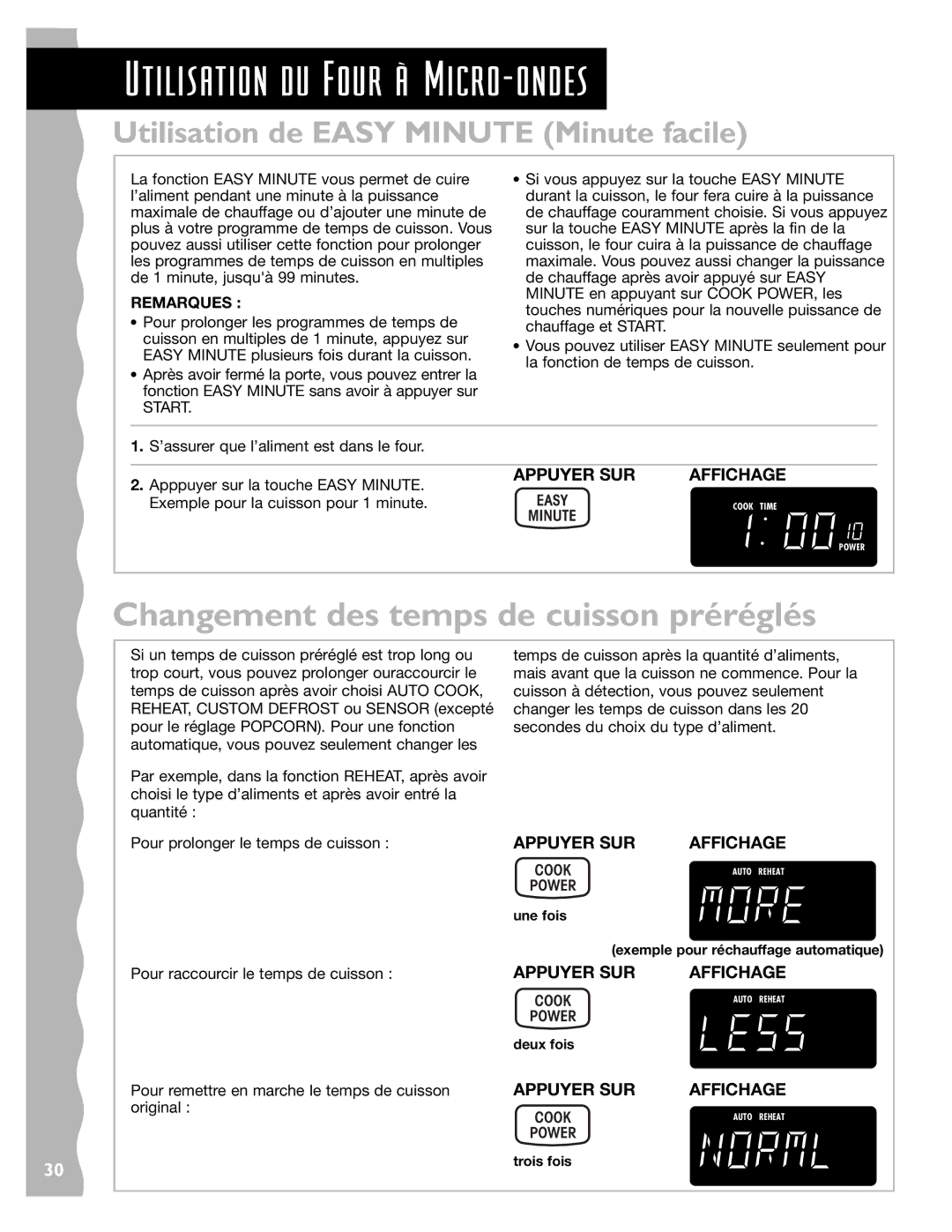 Whirlpool YKHMS145J warranty Changement des temps de cuisson préréglés, Utilisation de Easy Minute Minute facile 