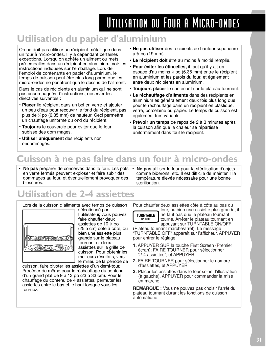 Whirlpool YKHMS145J warranty Utilisation du papier daluminium, Cuisson à ne pas faire dans un four à micro-ondes 