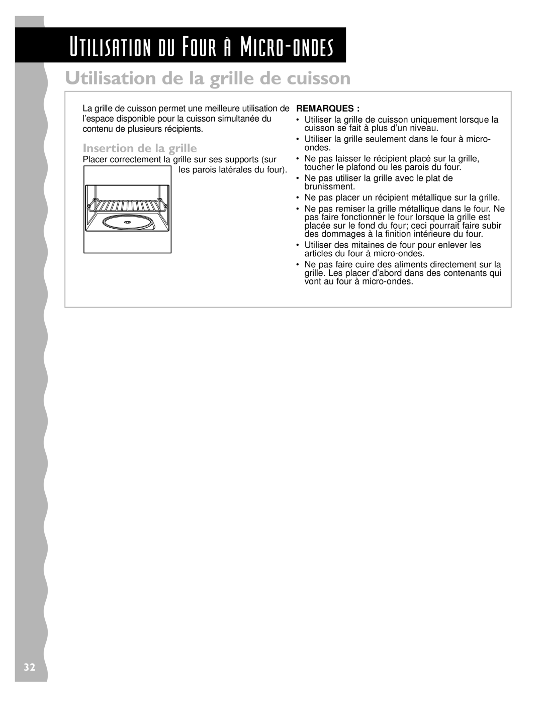 Whirlpool YKHMS145J warranty Utilisation de la grille de cuisson, Insertion de la grille 