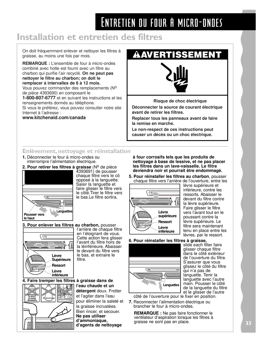 Whirlpool YKHMS145J warranty Entretien du four ˆ micro-ondes, Installation et entretien des filtres 