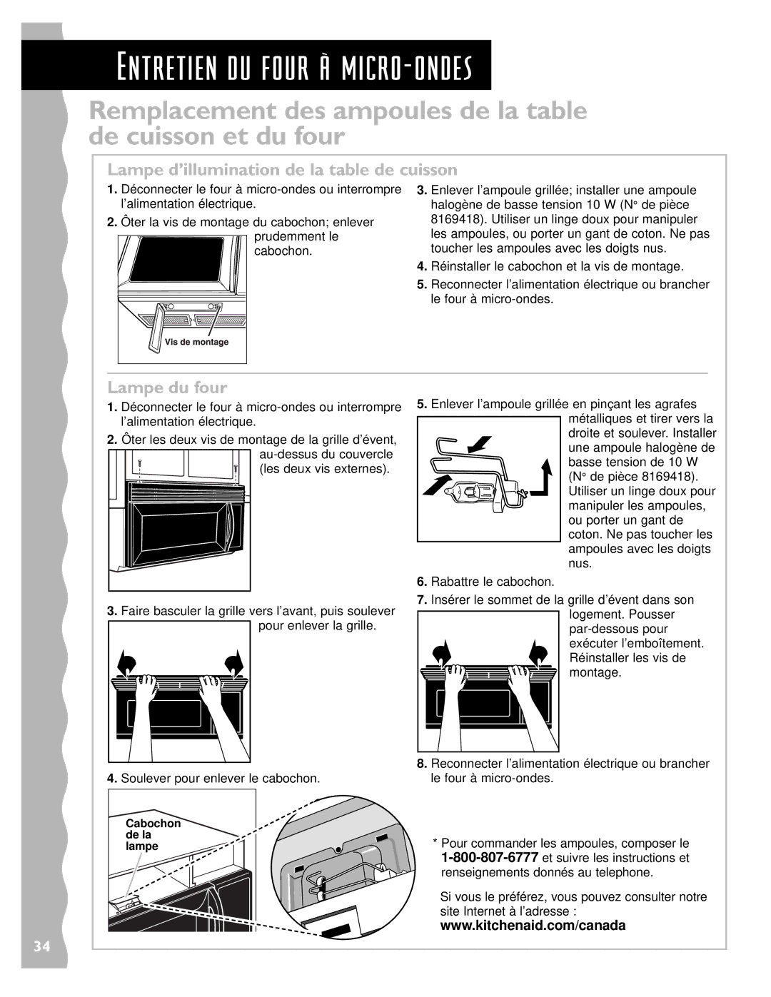 Whirlpool YKHMS145J warranty Remplacement des ampoules de la table de cuisson et du four, Lampe du four 