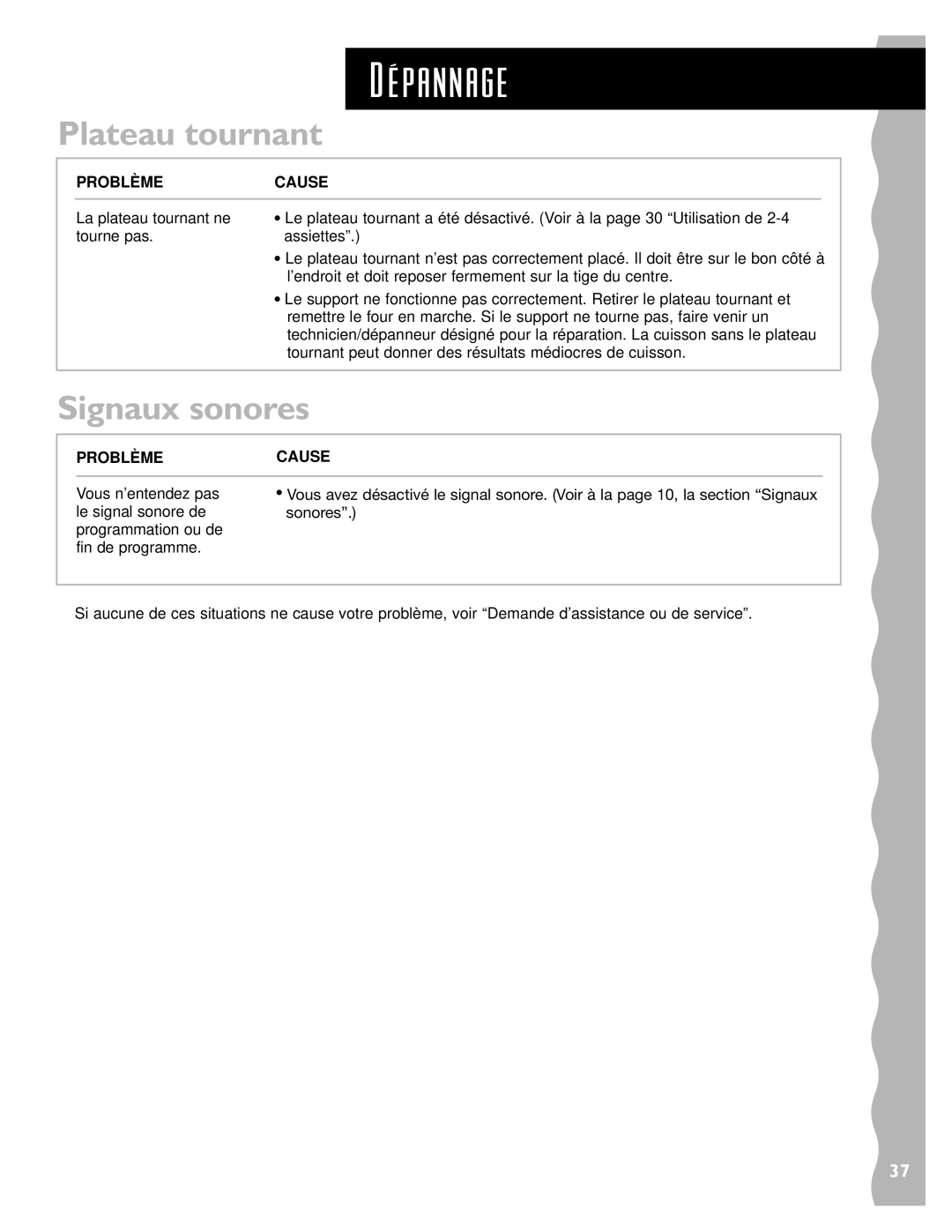 Whirlpool YKHMS145J warranty DƒŽpannage, Plateau tournant, Signaux sonores, Problèmecause 