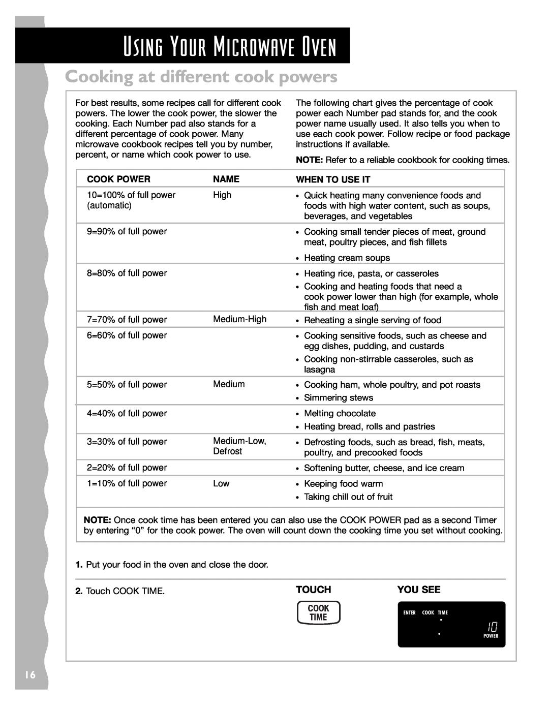 Whirlpool YKHMS145J warranty Using Your Microwave Oven, Cooking at different cook powers 