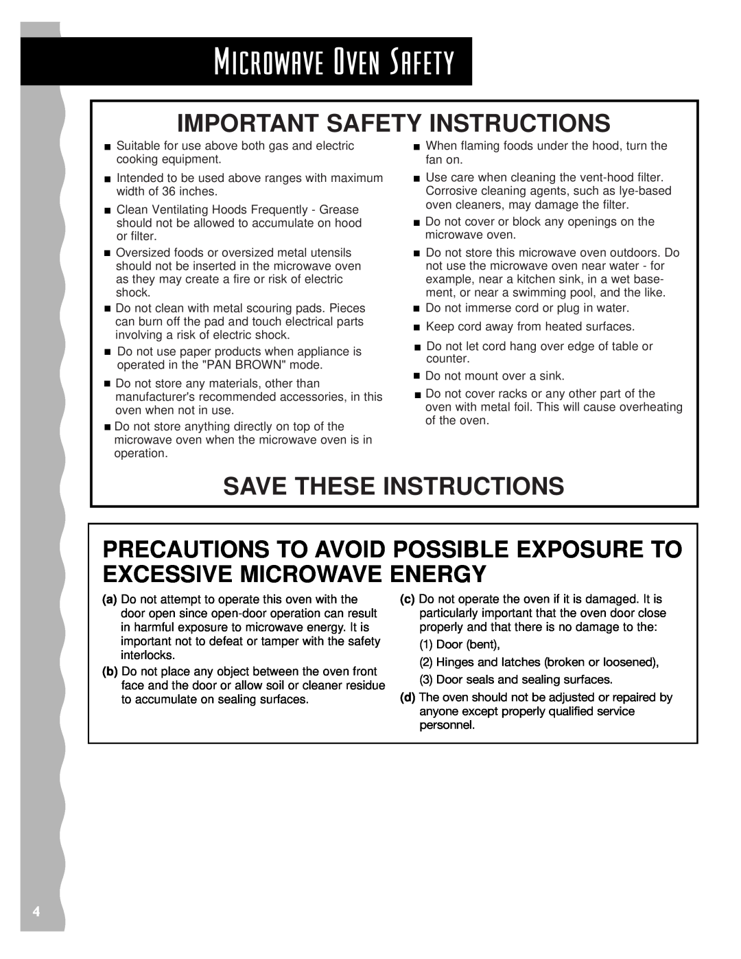 Whirlpool YKHMS145J warranty Precautions To Avoid Possible Exposure To Excessive Microwave Energy, Microwave Oven Safety 