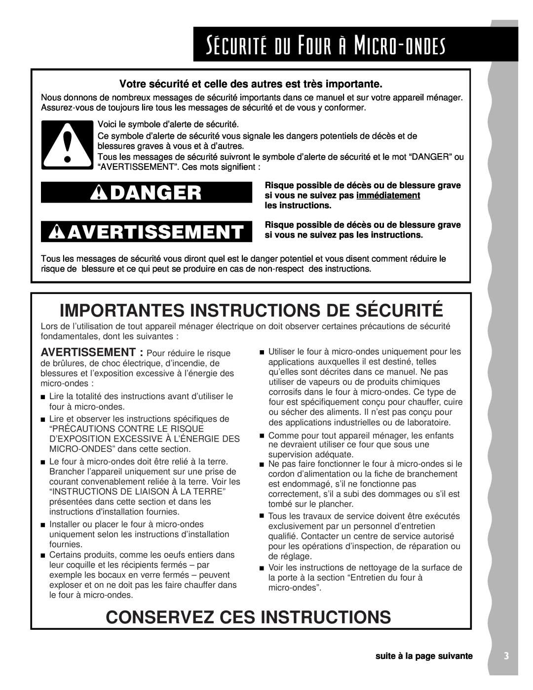 Whirlpool YKHMS145J warranty SŽcuritŽ du Four ˆ Micro-ondes, Avertissement, Importantes Instructions De Sécurité, Danger 