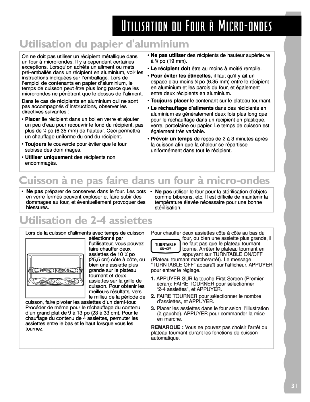 Whirlpool YKHMS145J Utilisation du Four ˆË Micro-ondes, Utilisation du papier daluminium, Utilisation de 2-4 assiettes 