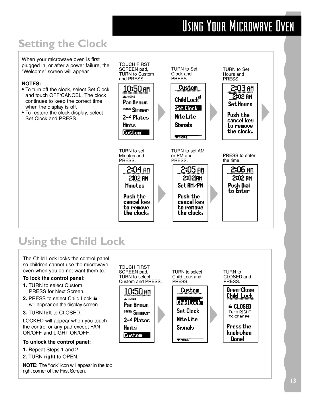 Whirlpool YKHMS147H Setting the Clock, Using the Child Lock, To lock the control panel, To unlock the control panel 