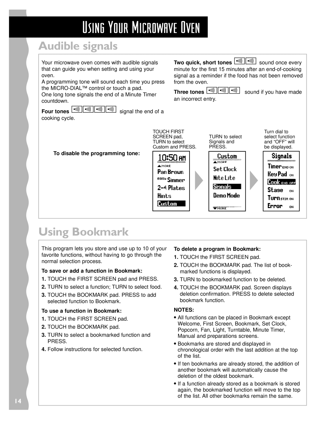 Whirlpool YKHMS147H installation instructions Audible signals, Using Bookmark 