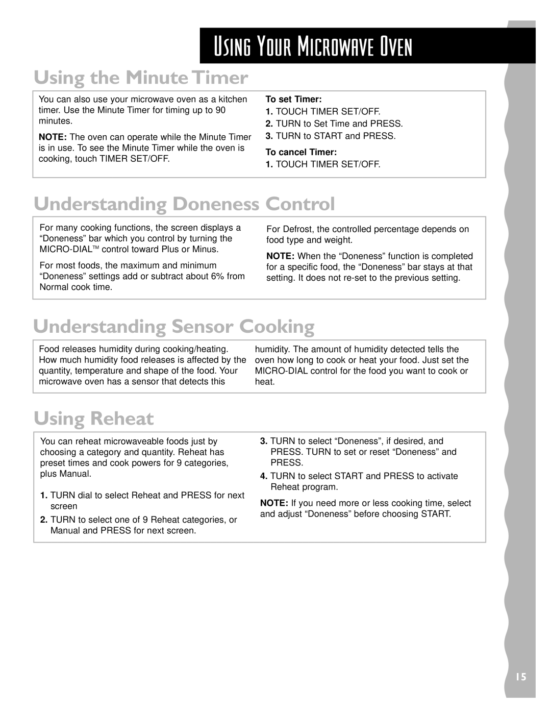 Whirlpool YKHMS147H Using the Minute Timer, Understanding Doneness Control, Understanding Sensor Cooking, Using Reheat 