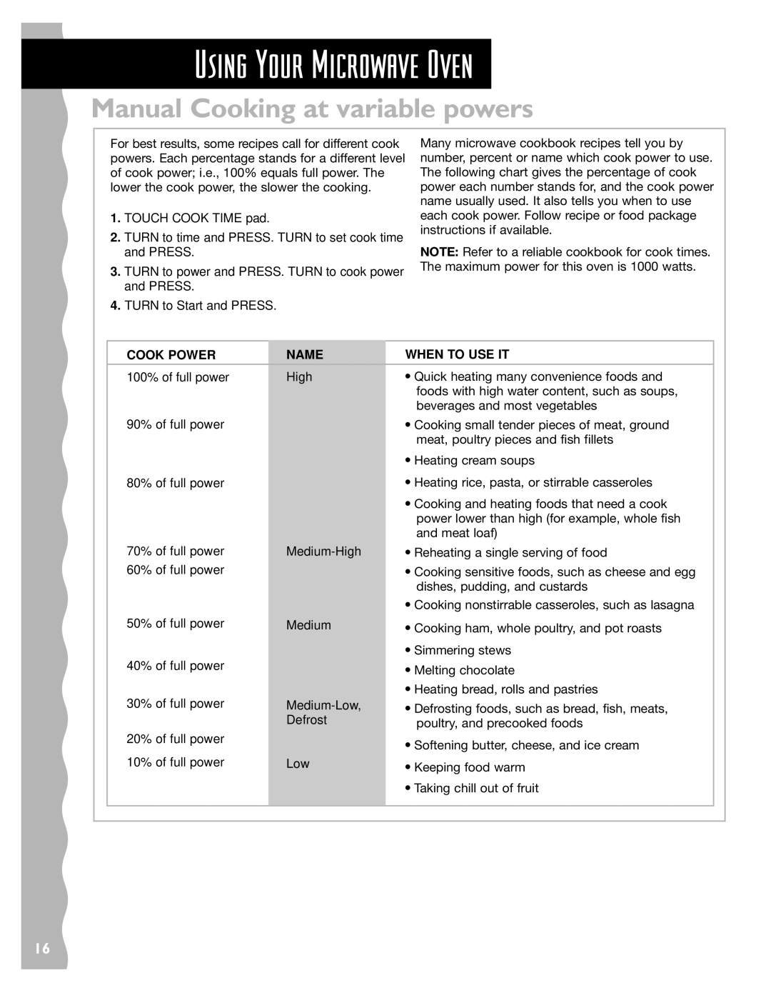 Whirlpool YKHMS147H installation instructions Manual Cooking at variable powers, Cook Power Name When to USE IT 