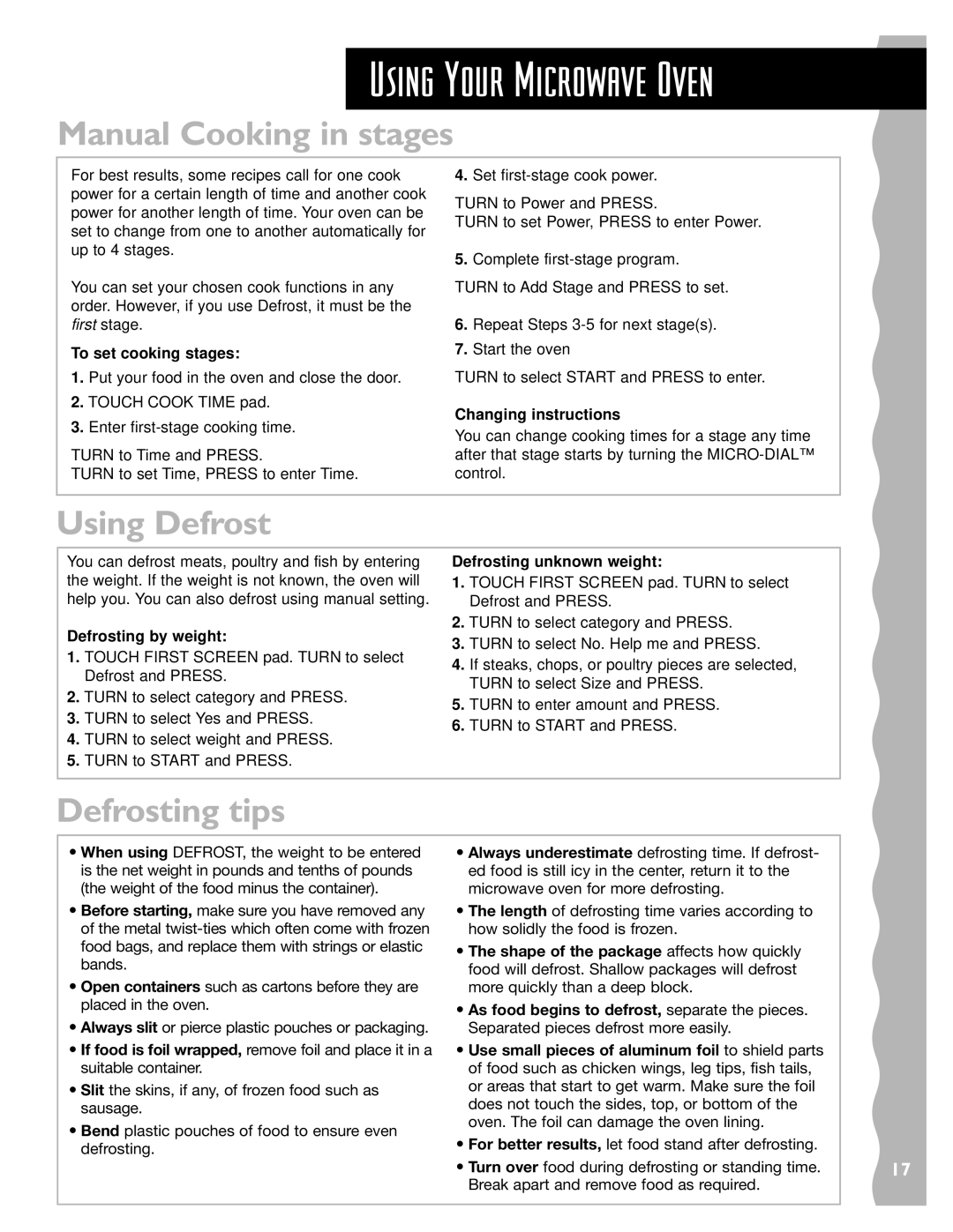 Whirlpool YKHMS147H installation instructions Manual Cooking in stages, Using Defrost, Defrosting tips 