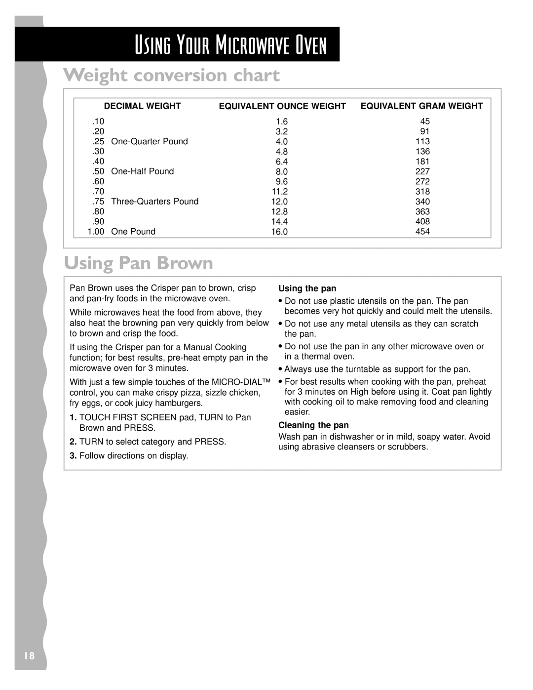 Whirlpool YKHMS147H Weight conversion chart, Using Pan Brown, Decimal Weight Equivalent Ounce Weight, Using the pan 