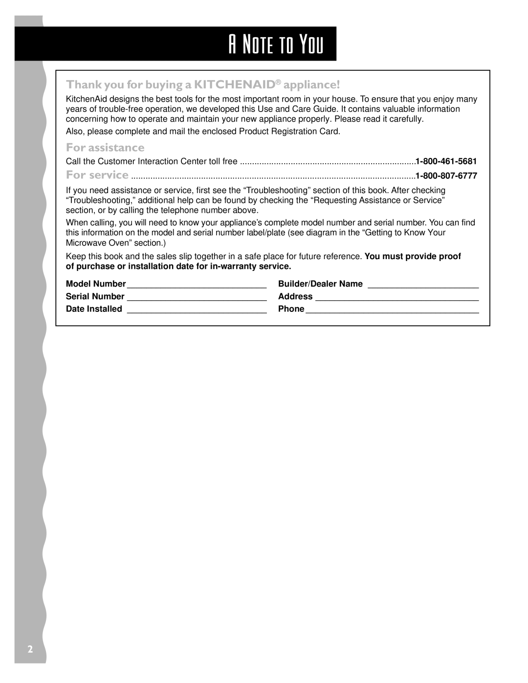 Whirlpool YKHMS147H installation instructions Thank you for buying a Kitchenaid appliance, For assistance 