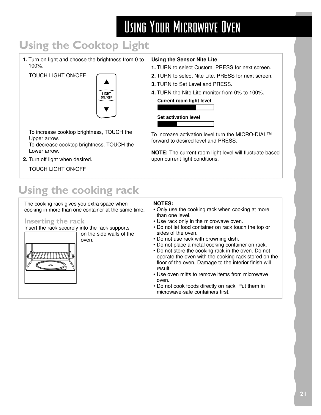 Whirlpool YKHMS147H Using the Cooktop Light, Using the cooking rack, Inserting the rack, Using the Sensor Nite Lite 