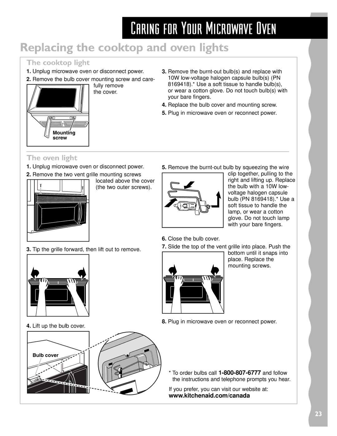 Whirlpool YKHMS147H installation instructions Replacing the cooktop and oven lights, Cooktop light, Oven light 