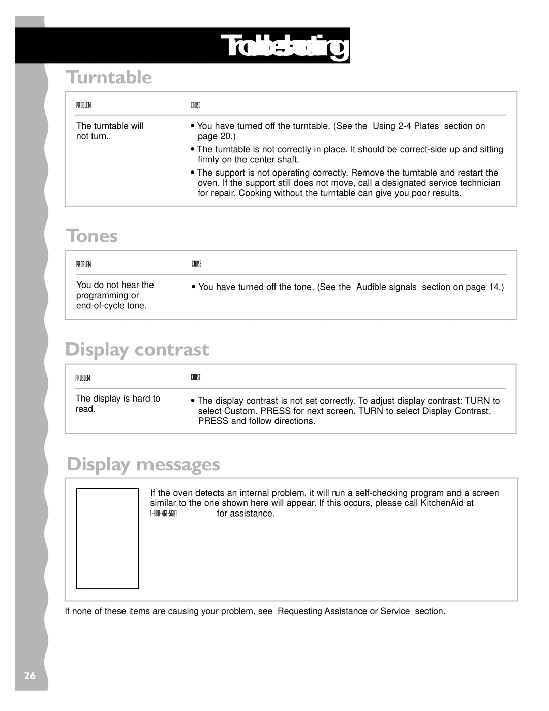 Whirlpool YKHMS147H installation instructions Turntable, Tones, Display contrast, Display messages, Problemcause 