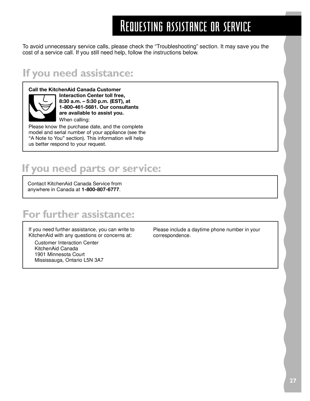 Whirlpool YKHMS147H installation instructions If you need assistance, If you need parts or service, For further assistance 