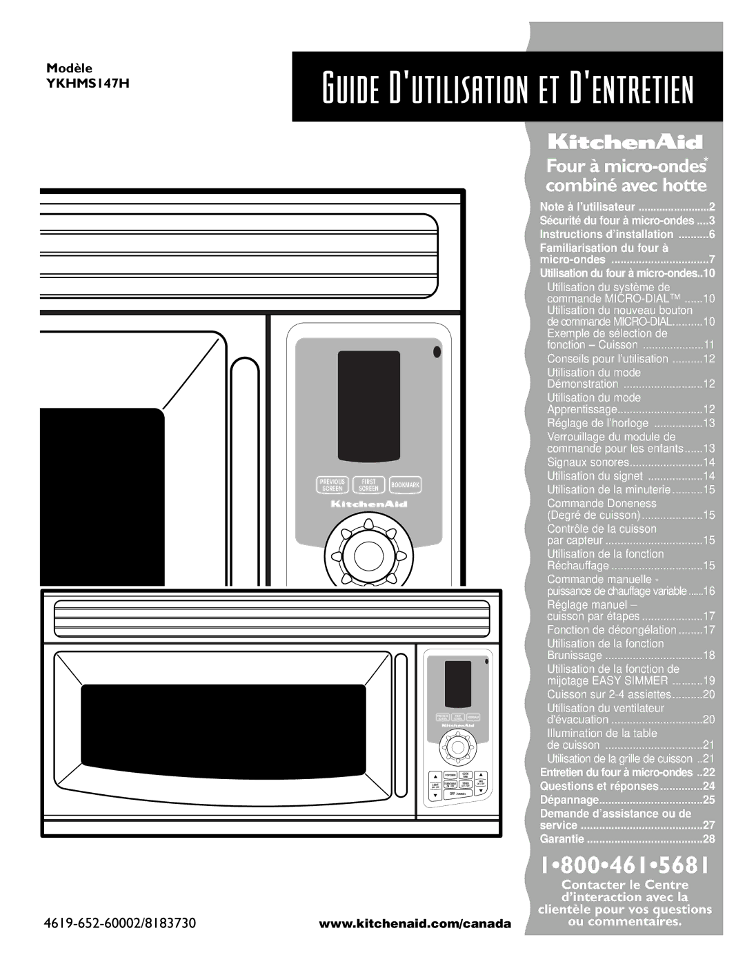 Whirlpool YKHMS147H installation instructions Guide DÕutilisation et DÕentretien 