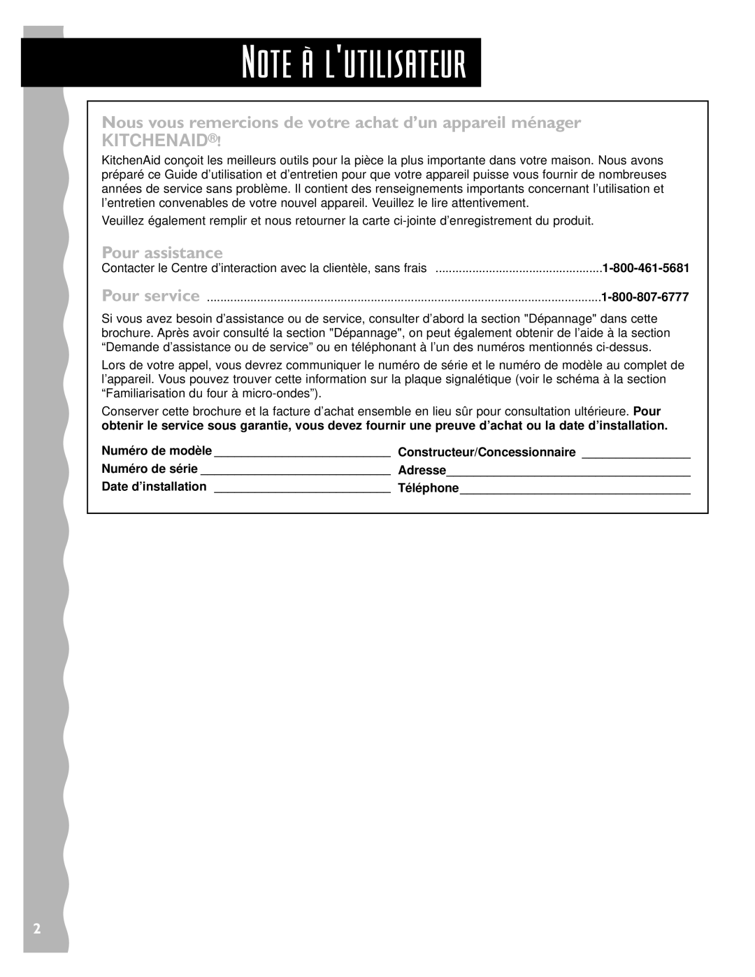 Whirlpool YKHMS147H installation instructions Nous vous remercions de votre achat d’un appareil ménager, Pour assistance 