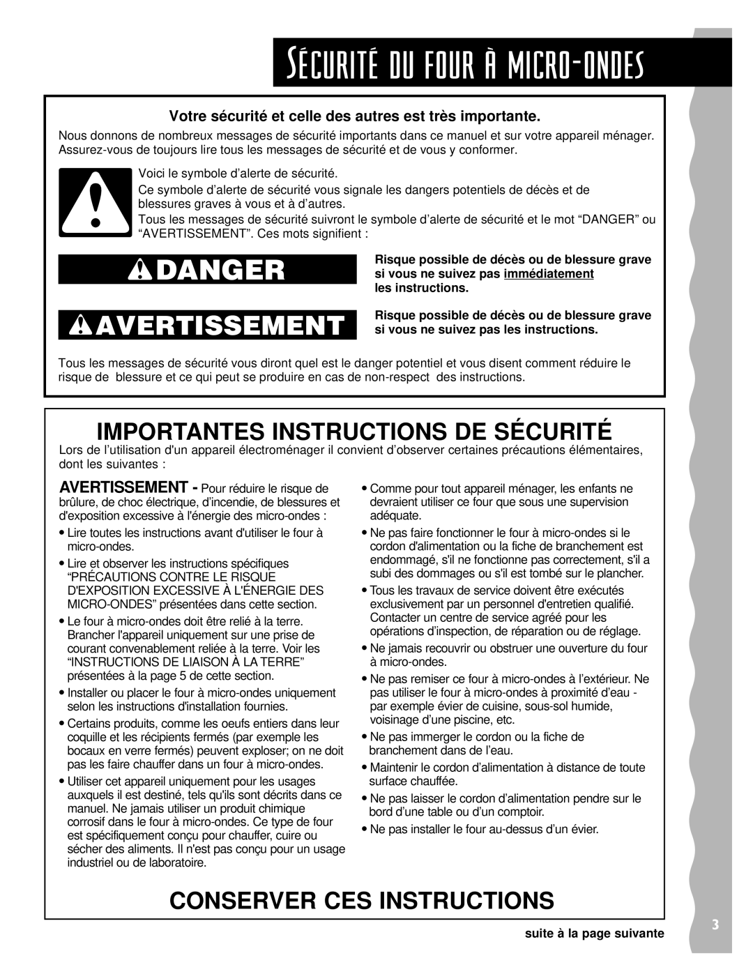 Whirlpool YKHMS147H Risque possible de décès ou de blessure grave, Si vous ne suivez pas les instructions 